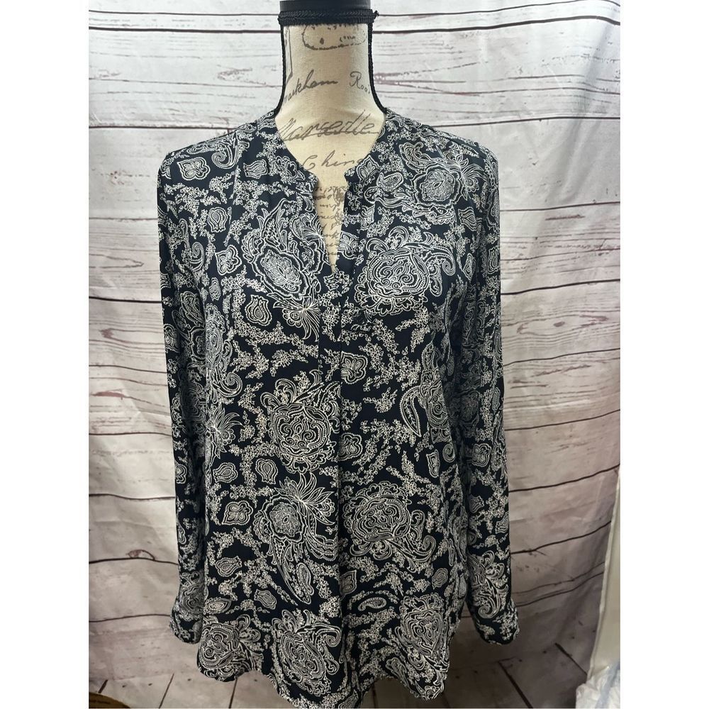 Premise Studio Women Black White Paisley Print Long Sleeve Blouse‎ Size S